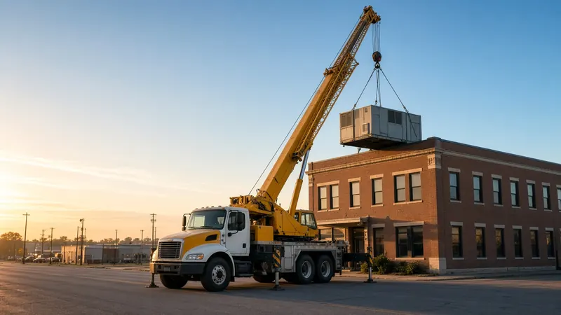 Truck crane setting a rooftop HVAC unit on a two-story brick building at sunrise